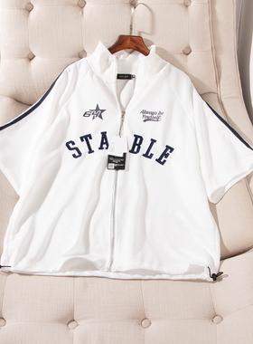 日单春夏新款新潮时尚立领前襟拉链字母刺绣短袖外套男女30147