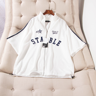 日单春夏新款新潮时尚立领前襟拉链字母刺绣短袖外套男女30147