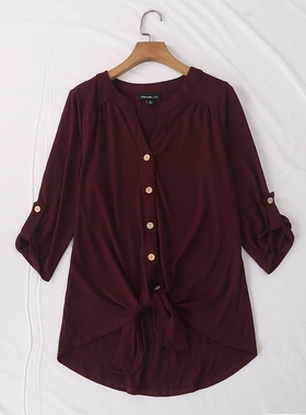 外贸单春夏新款简单百搭鸡心领系扣系带打结可调节袖衬衫女25753