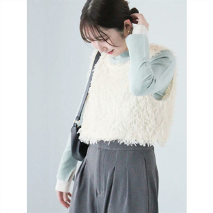 日单秋冬新款techi*甜美仙气减龄V领羽毛流苏外搭背心马甲女31874