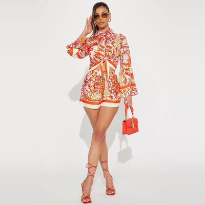 时尚潮范印花系带衬衫短裤