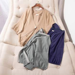 外套28881 空调衫 日单品牌春夏新款 简约百搭前后V领一粒扣棉麻短袖