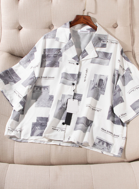 日单品牌夏季新款休闲百搭翻领系扣照片印花短袖衬衫男女29546