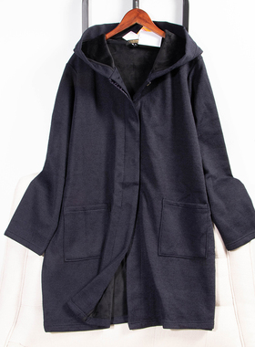 日单大码秋冬新款休闲百搭连帽内里加绒隐形纽扣针织外套31772