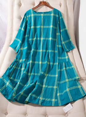 日单春夏新品森系文艺宽松大版格子棉七分袖连衣裙3色女30091