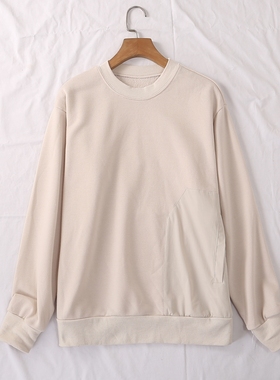 日单春秋新款简单休闲百搭圆领侧边拼接单侧口袋毛圈卫衣女23133