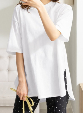 日单品牌夏季新款简单大方休闲百搭纯色圆领圆弧下摆棉T恤29314