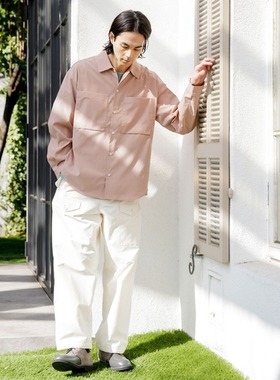 日单品牌nik*春夏新款糖果色休闲百搭翻领口袋长袖衬衫男女25820