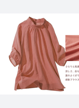 日单春夏新款简约文艺休闲百搭两粒扣杨柳皱棉五分袖衬衫女29508