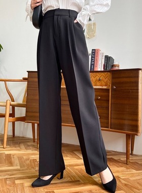 日单品牌春夏新款气质百搭金属扣拉链半松紧腰直筒西装长裤27176