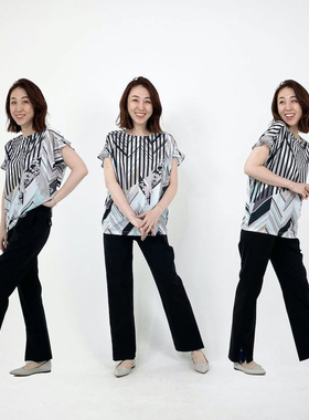 日单品牌春夏新款休闲百搭大版几何印花法式插肩袖薄款T恤女29189