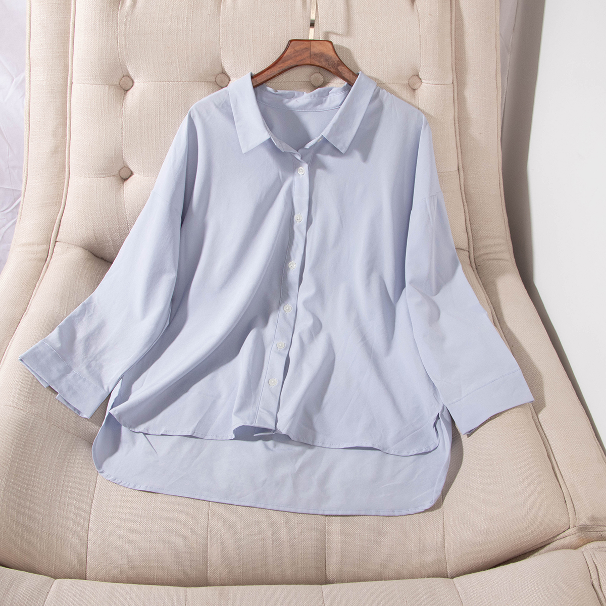 休闲百搭翻领插肩袖不规则衬衫