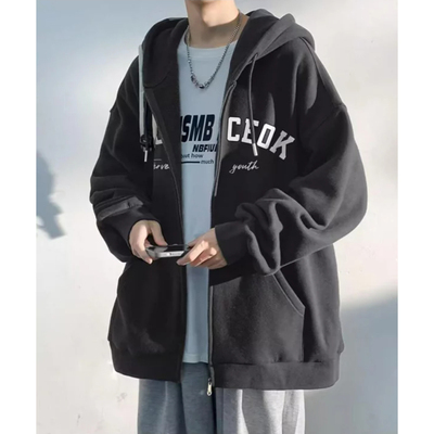 宽松连帽字母拉链加绒卫衣外套