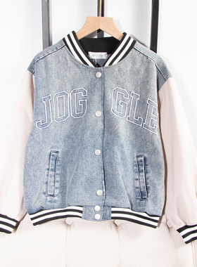 日单学生童装春秋新款休闲时尚百搭条纹立领拼色牛仔外套27135
