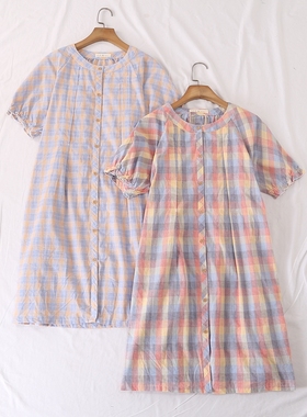 日系夏季新款清新减龄文艺范圆领格纹印花棉纱短袖连衣裙女26519