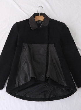 超值日单秋冬时尚高级感翻领隐形纽扣优质羊皮拼接毛呢外套24658