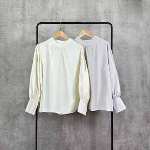 日单品牌春夏新款优雅百搭圆领侧边四粒扣长袖磨毛衬衫上衣29092