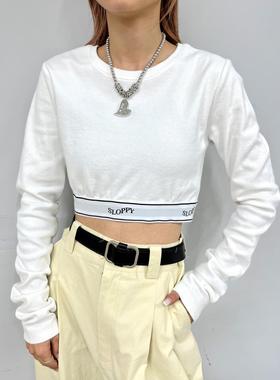 日单春秋冬re*tro辣妹显身材棉字母织带松紧高腰短T恤针织衫28343