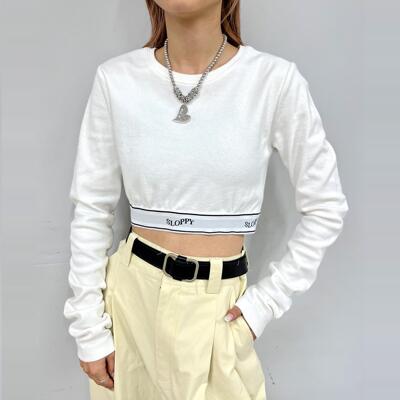 字母松紧腰织带高腰短款针织衫