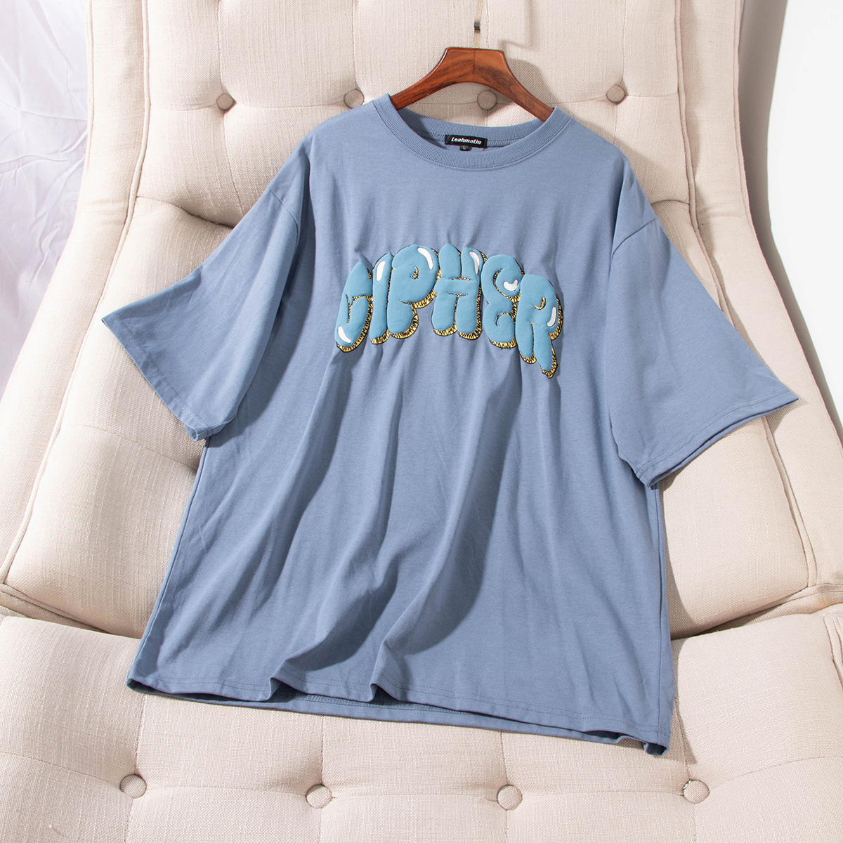 大版发泡字母印花重磅棉T恤上衣