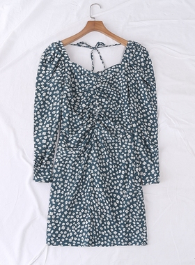 秋季新品韩版时尚有范方领长袖后背拉链系带印花雪纺连衣裙17084