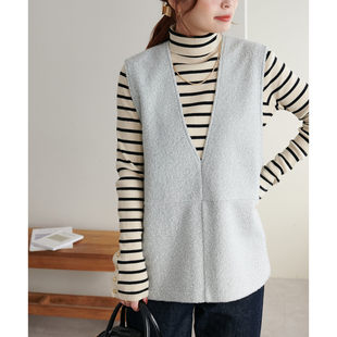 日单品牌春季新款优雅气质氛围感深V领后开叉毛圈呢子马甲女31855