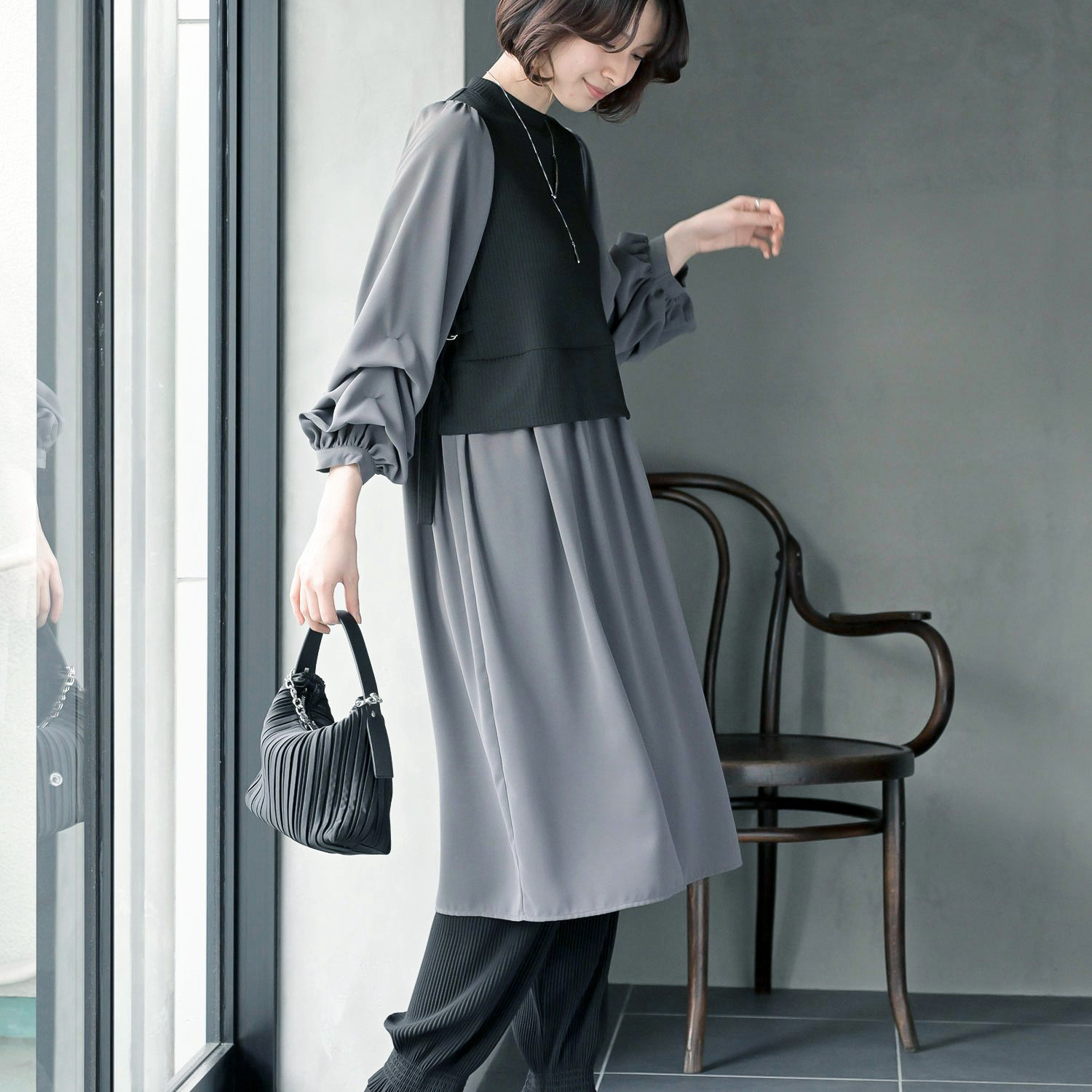 马甲拼接堆堆袖假两件衬衫连衣裙