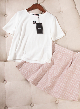 日单童装夏季新款可爱圆领短袖针织T恤+带安全裤半身裙套装26442