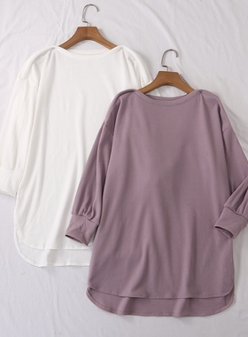 日单春夏新款好看休闲船领收口七分不规则下摆华夫格针织衫22449