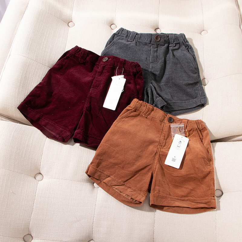 一粒扣拉链松紧腰灯芯绒纯棉短裤