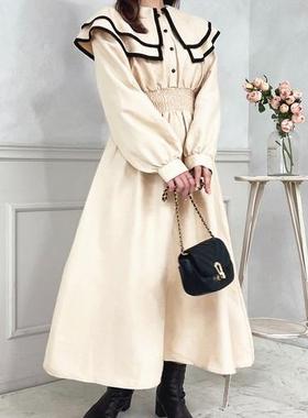 日单秋冬新款甜美减龄滚边荷叶领松紧腰磨毛长袖衬衫连衣裙28325