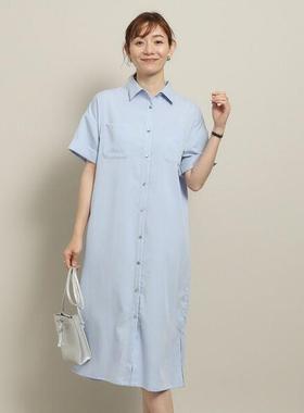 日单品牌春夏新品气质翻领金属扣口袋侧开叉麻调衬衫连衣裙28261