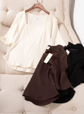 秋季co*n地区限定款新款优雅百搭方领竖坑条针织衫短袖T恤29808