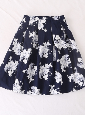 日单品牌春夏新款甜美气质OL半松紧腰后拉链印花半身裙女27755