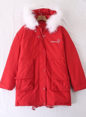 专柜冬季新时尚少女感减龄可脱卸真毛领印花中长羽绒服外套24451