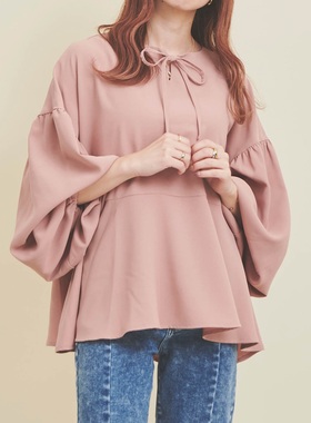 日单春秋新款轻盈减龄系带领带松紧灯笼袖长袖雪纺衫衬衫女23358