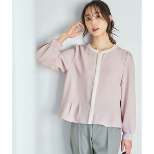 32175 雪纺衫 日单春夏新款 优雅气质通勤百搭拼色圆领隐形纽扣长袖