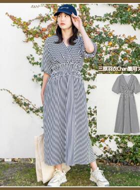 日单夏季新款时尚交叉V领灯笼袖中袖松紧腰条纹含内衬连衣裙23863