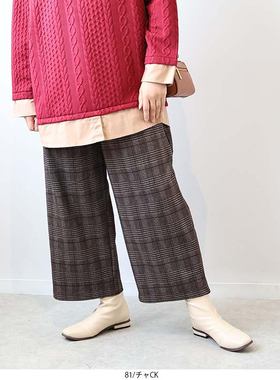 日单大码秋冬新款时尚松紧腰格子印花侧口袋加绒直筒休闲裤31058