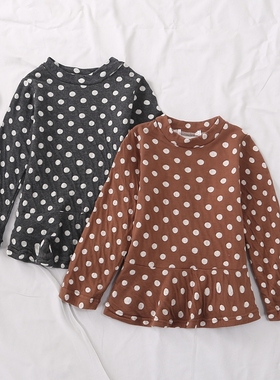 日单春秋新款童装可爱百搭圆领波点印花拼接下摆棉T恤卫衣21076