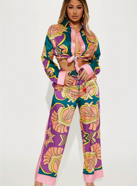 欧美单春夏新款时尚潮范翻领系扣印花衬衫+松紧腰直筒裤套装26626