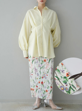 日单品牌春秋新款松紧腰细坑条任意裁花朵印花直筒半身裙女31869