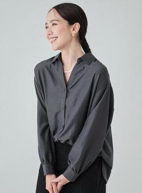 日单品牌春秋新款时尚翻边V领系扣后颈交叉绑带装饰长袖衬衫27769