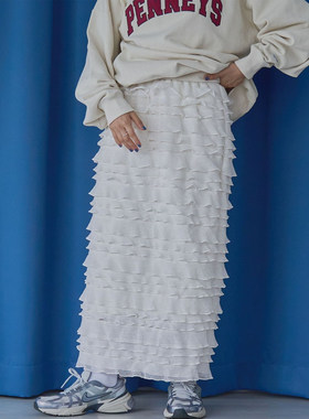 日单品牌秋冬新款仙甜美减龄松紧腰针织荷叶边蛋糕裙半身裙31856