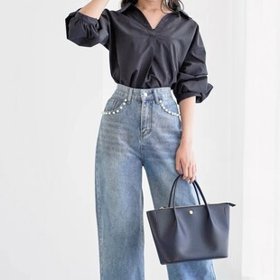 日单品牌春夏新款气质百搭翻领褶皱七分袖桃皮绒衬衫上衣女29880