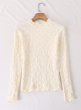 日单品牌秋冬新款木耳边立领杨柳褶皱肌理感针织打底衫小衫32001