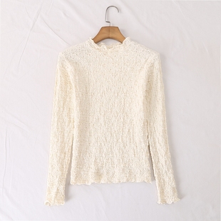 32001 小衫 日单品牌秋冬新款 木耳边立领杨柳褶皱肌理感针织打底衫