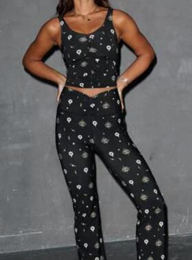 欧美单舒适松紧腰满印弹力修身微喇叭裤健身瑜伽裤休闲裤女28102