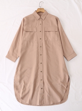 日单品牌春秋新款简约翻领系扣翻盖口袋圆弧下摆衬衫连衣裙28047