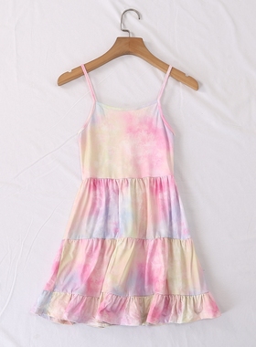 外贸单夏季新款度假风可调节松紧扎染印花拼接蛋糕裙少女裙24950